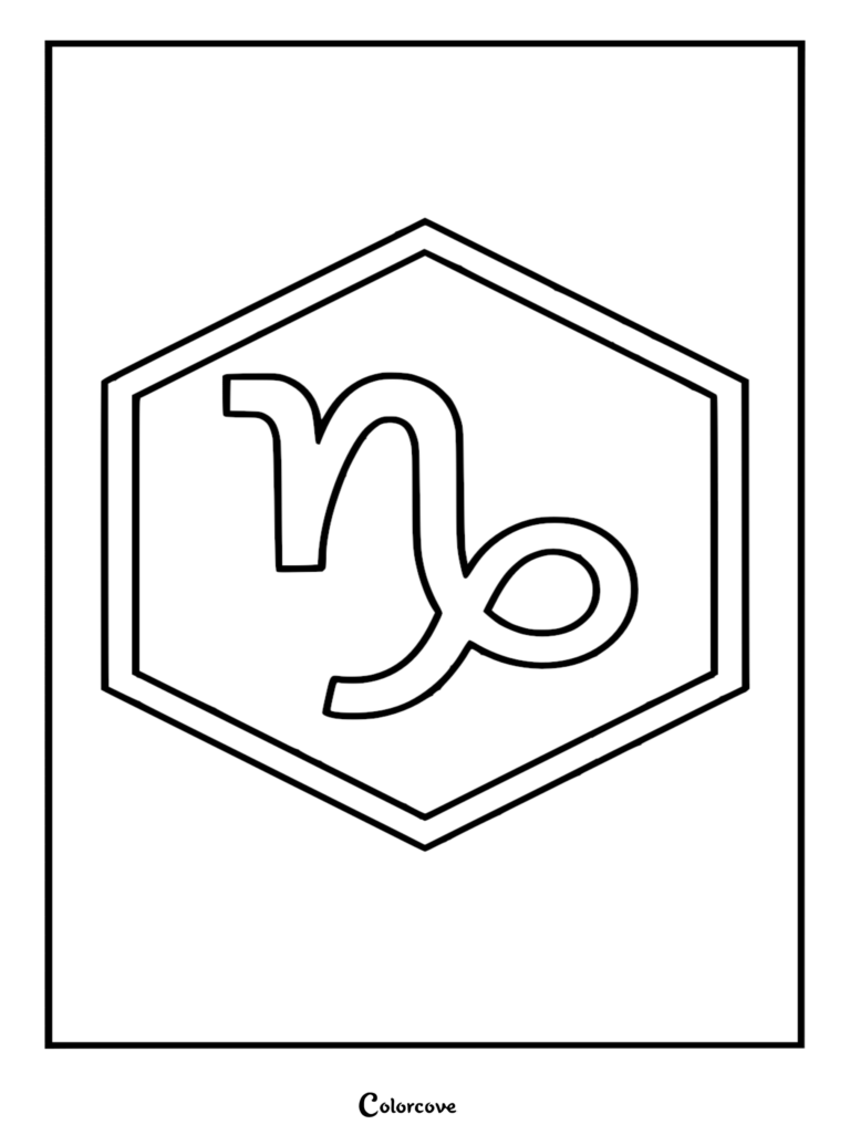 A black and white line art coloring page featuring the Capricorn zodiac symbol centered inside a bold hexagon border.