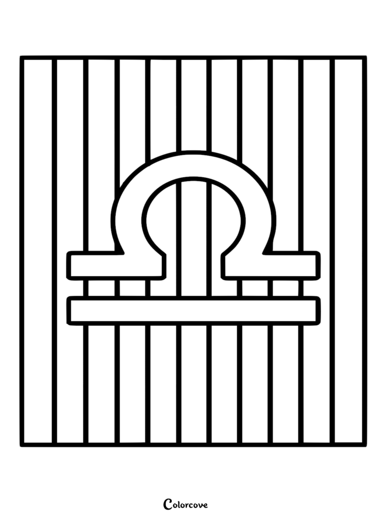 A minimalist Libra zodiac symbol coloring page featuring the scales icon centered over a background of vertical black and white stripes.