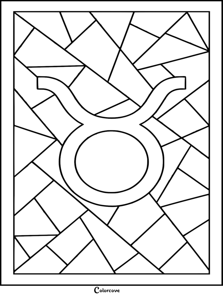 A printable Taurus zodiac coloring page featuring the bull symbol centered against a geometric stained glass patterned background.