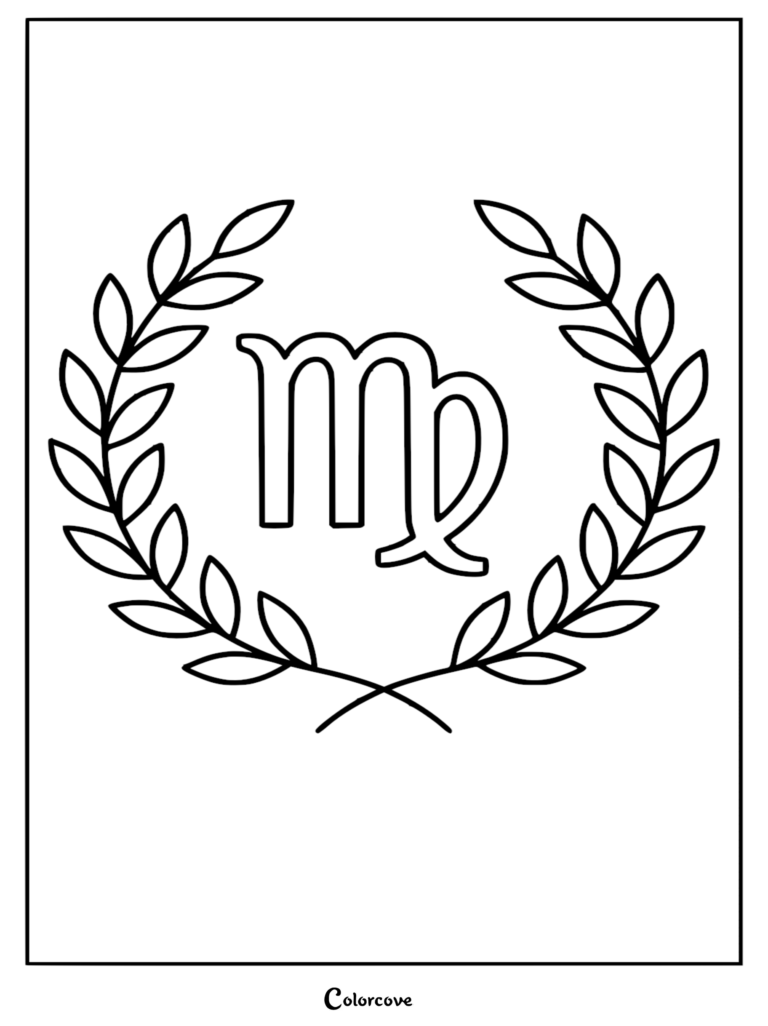 A simple black and white coloring page featuring the Virgo zodiac symbol centered within an elegant circular laurel wreath of leaves.