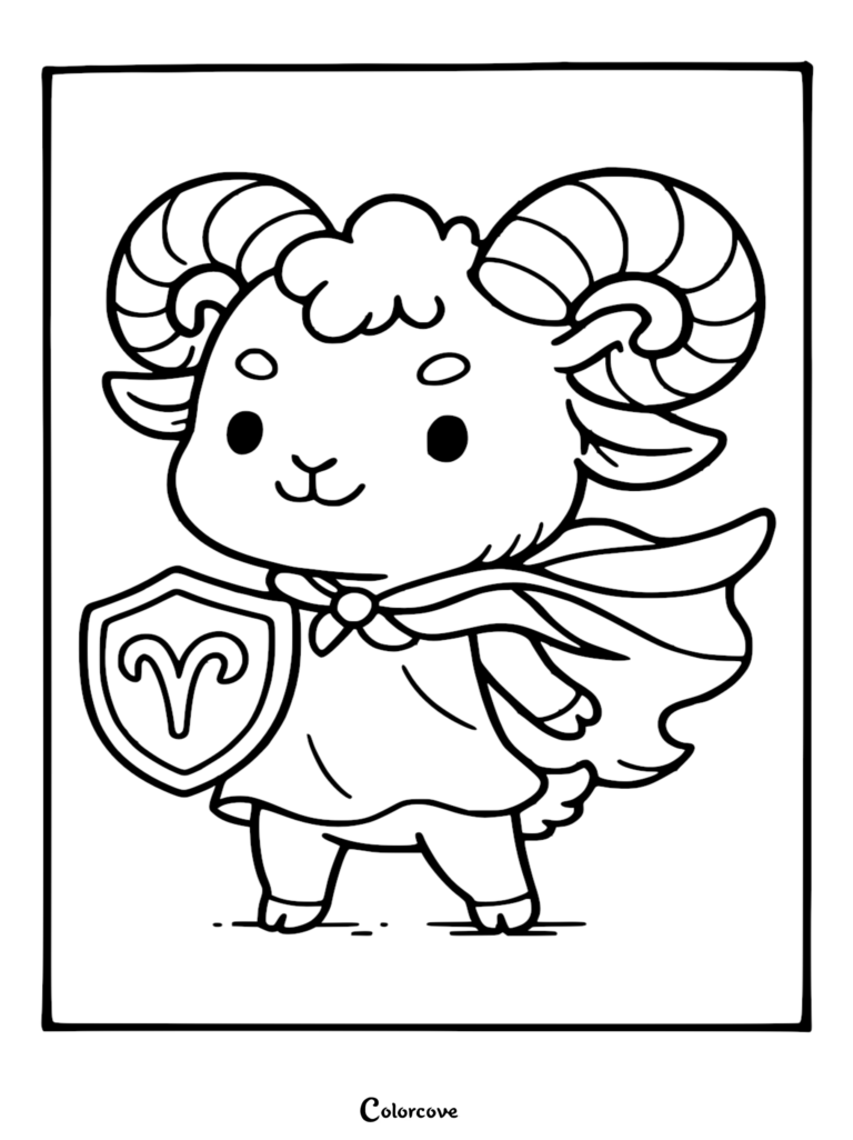 A chibi-style Aries ram character wearing a heroic cape and holding a shield embossed with the Aries zodiac symbol in a line art coloring page.