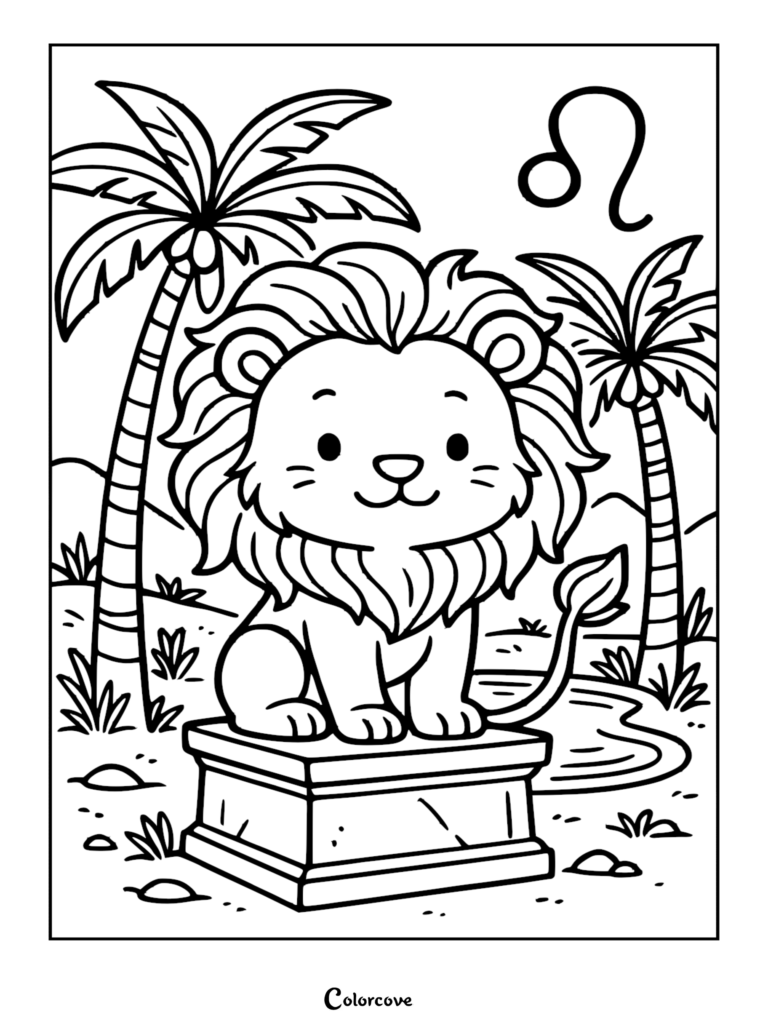 A cute cartoon Leo lion sitting on a stone pedestal under palm trees, zodiac symbol above, line art coloring page.
