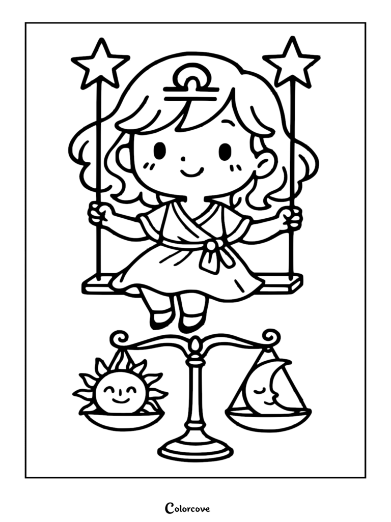 Kawaii Libra girl sitting on a star-topped swing above a balance scale featuring a happy sun and crescent moon in this line art coloring page.