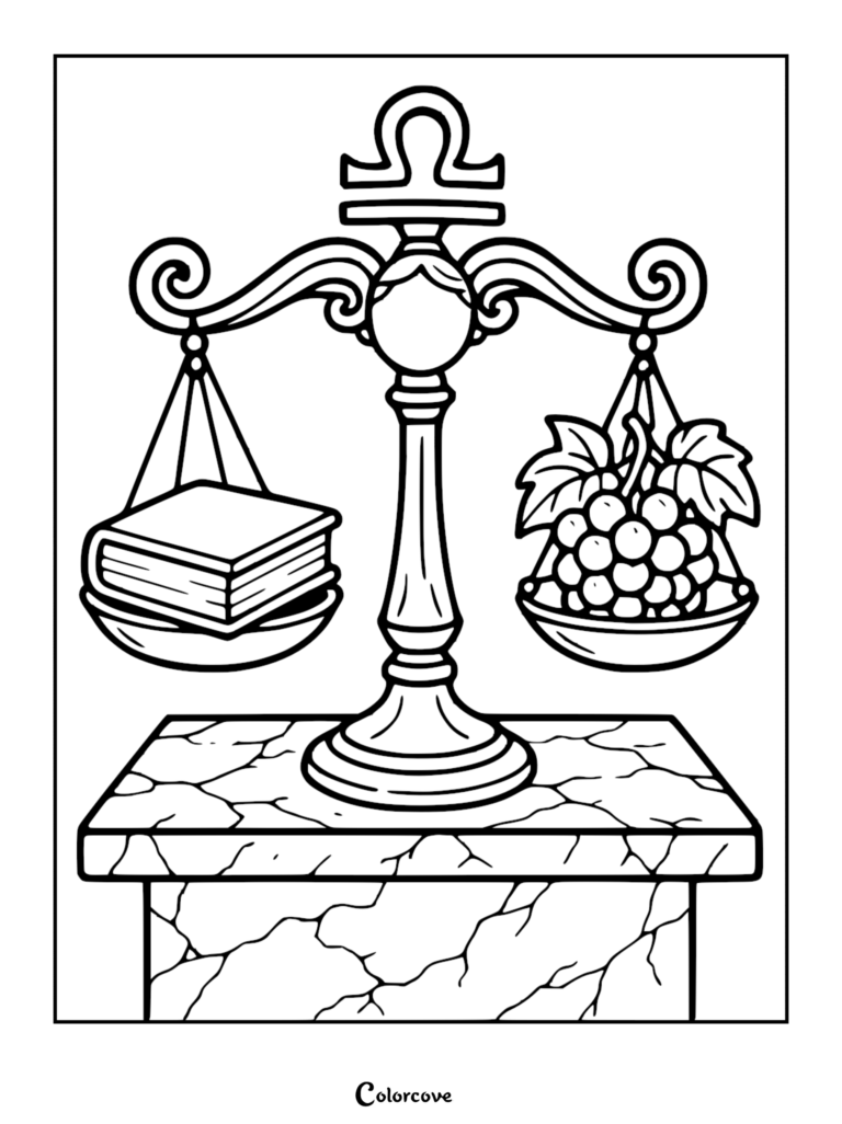 Libra zodiac sign coloring page featuring a balanced scale with a book on one side and a bunch of grapes on the other, resting on a cracked marble pedestal.