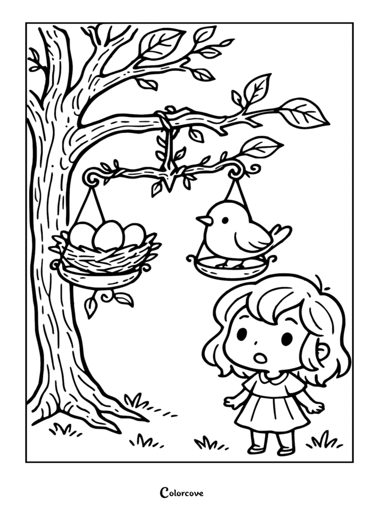Libra zodiac coloring page featuring a cute girl standing by a tree where scales balance a bird nest with eggs and a songbird.