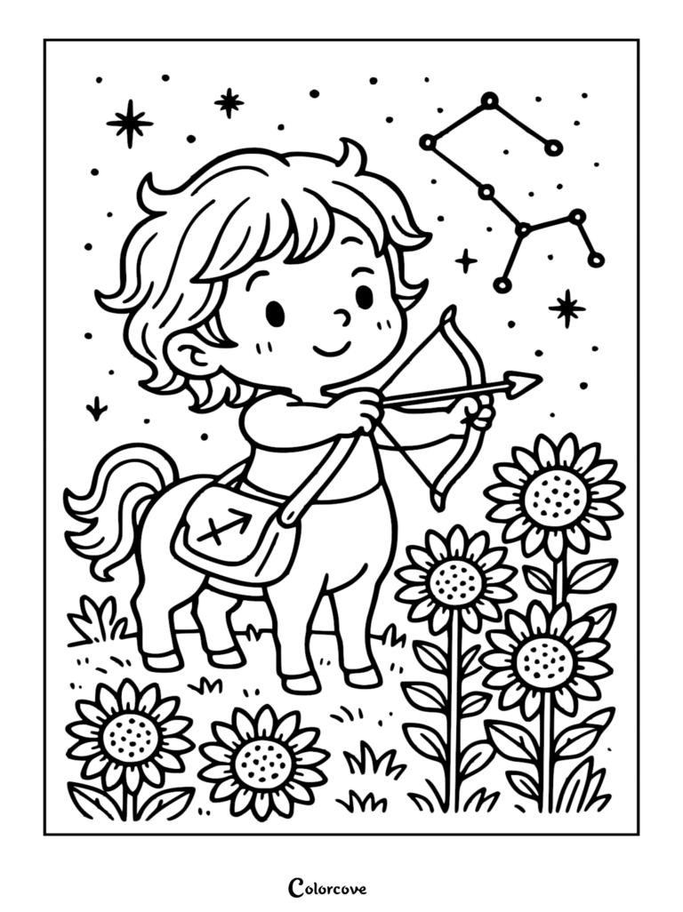 A cute Sagittarius centaur child holding a bow and arrow with a Sagittarius zodiac constellation, sunflowers, and stars in this printable line art coloring page.