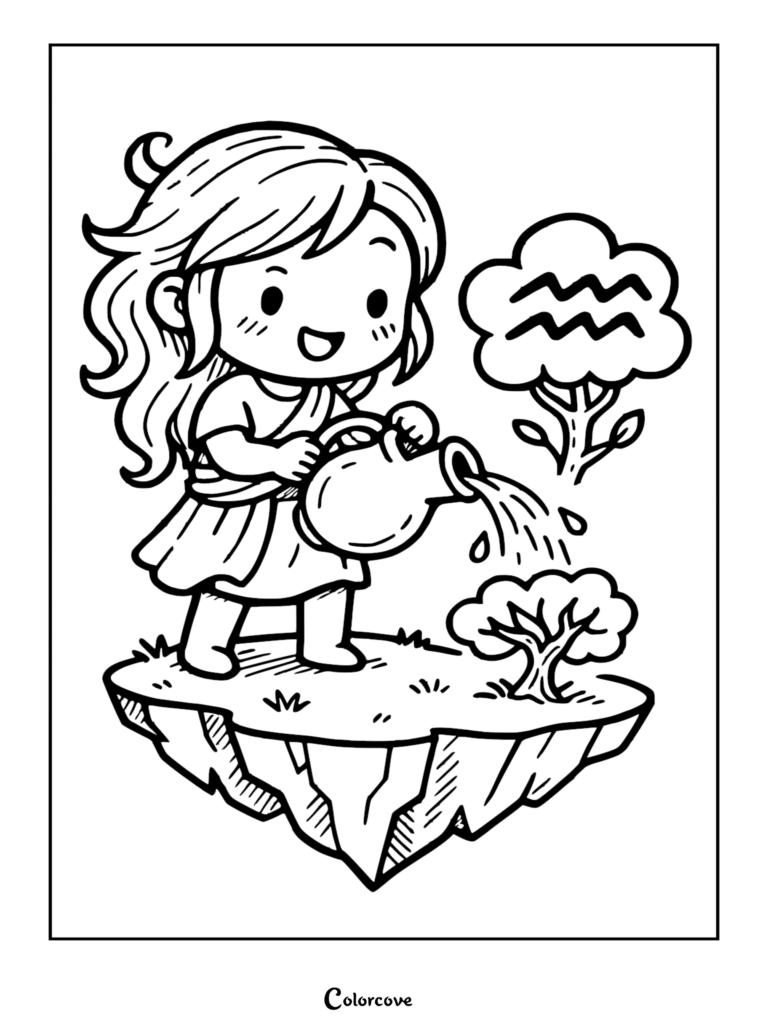Chibi-style Aquarius girl character holding a water pitcher on a floating island with an Aquarius symbol cloud, line art coloring page.