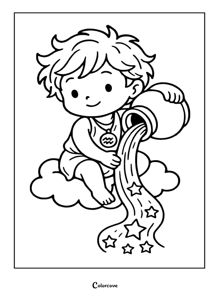 Chibi-style Aquarius zodiac coloring page featuring a boy sitting on a fluffy cloud pouring stardust from a water jug.