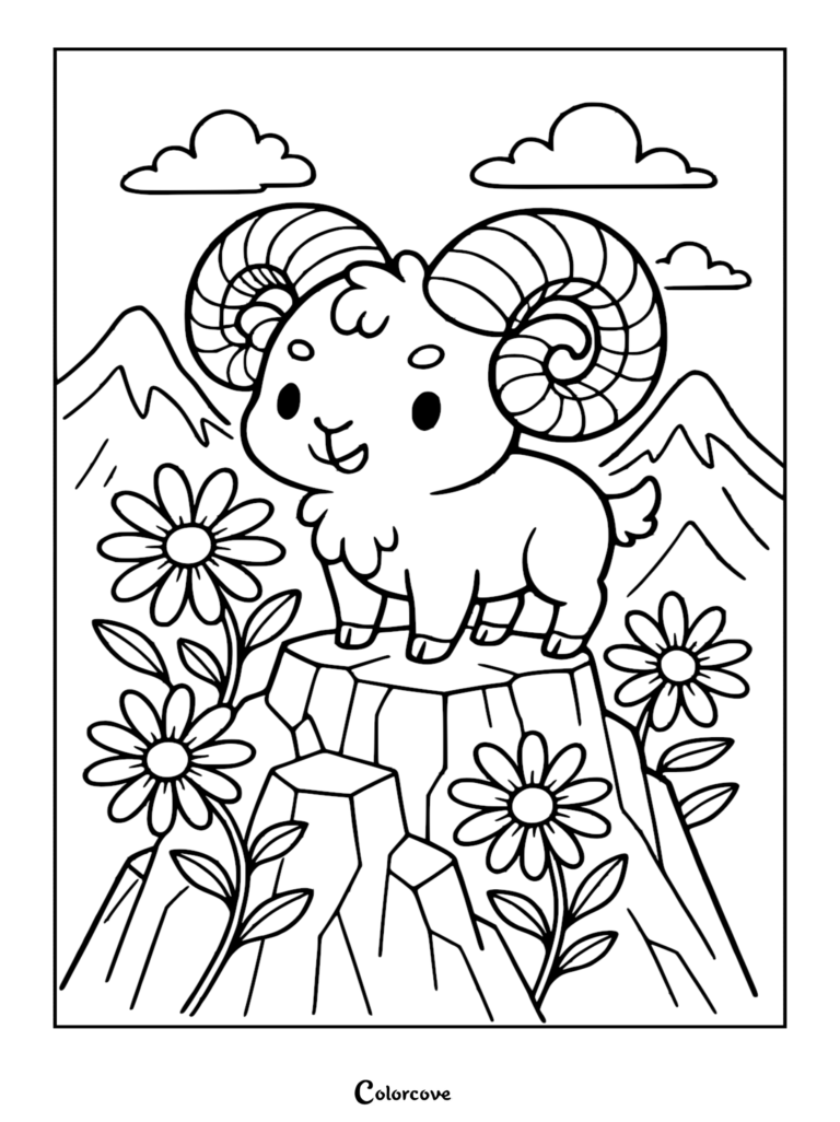 A cute chibi Aries ram standing on a rocky mountain peak surrounded by daisy flowers, presented as a printable coloring page.