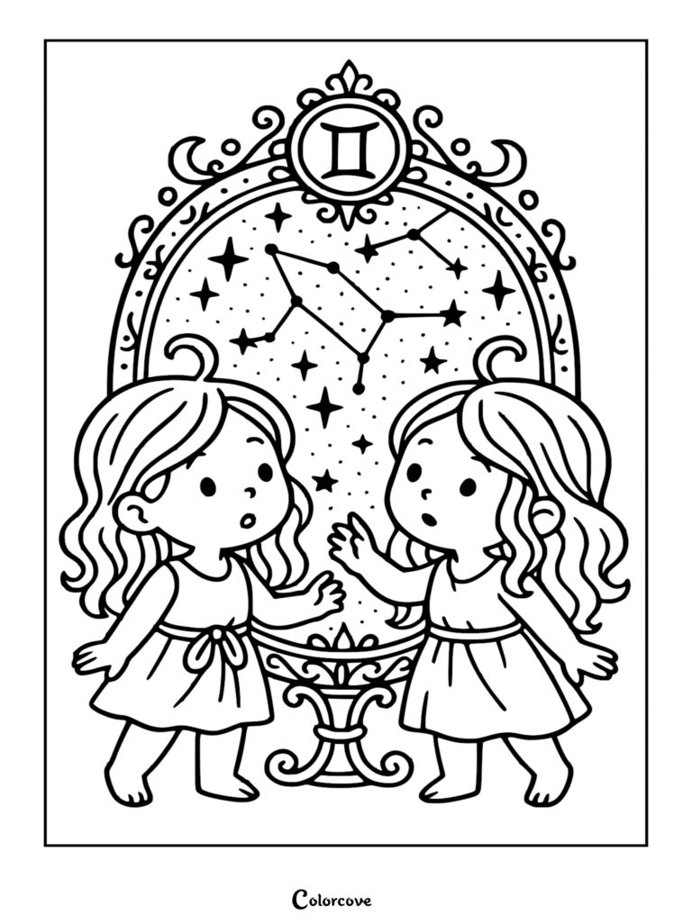 Two adorable chibi-style Gemini twins standing before an ornate mirror featuring the Gemini constellation, rendered as a black and white coloring page.