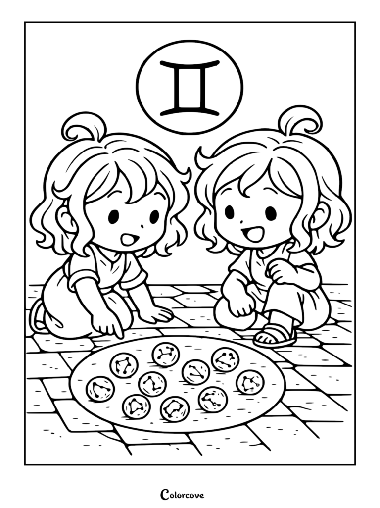 Chibi Gemini twins kneeling on a stone floor looking at a plate of celestial constellation orbs as a coloring page