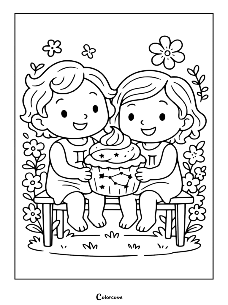 A cute Gemini zodiac coloring page featuring twin children sitting on a bench sharing a decorated cupcake with a star constellation pattern.
