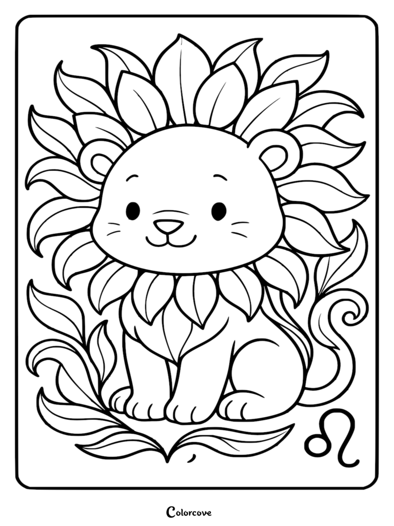 A printable Leo zodiac coloring page featuring a kawaii cartoon lion with a leaf-shaped mane sitting amongst decorative foliage and the Leo symbol.