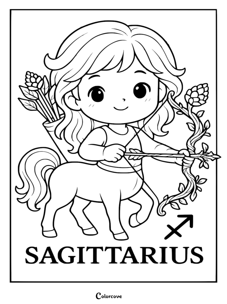 Chibi-style Sagittarius centaur with a vine-covered bow and arrow on a printable coloring page.