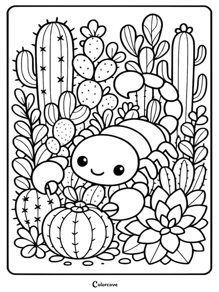 A cute cartoon Scorpio zodiac character with a smiling face hiding among various cacti and desert succulents in this printable coloring page.