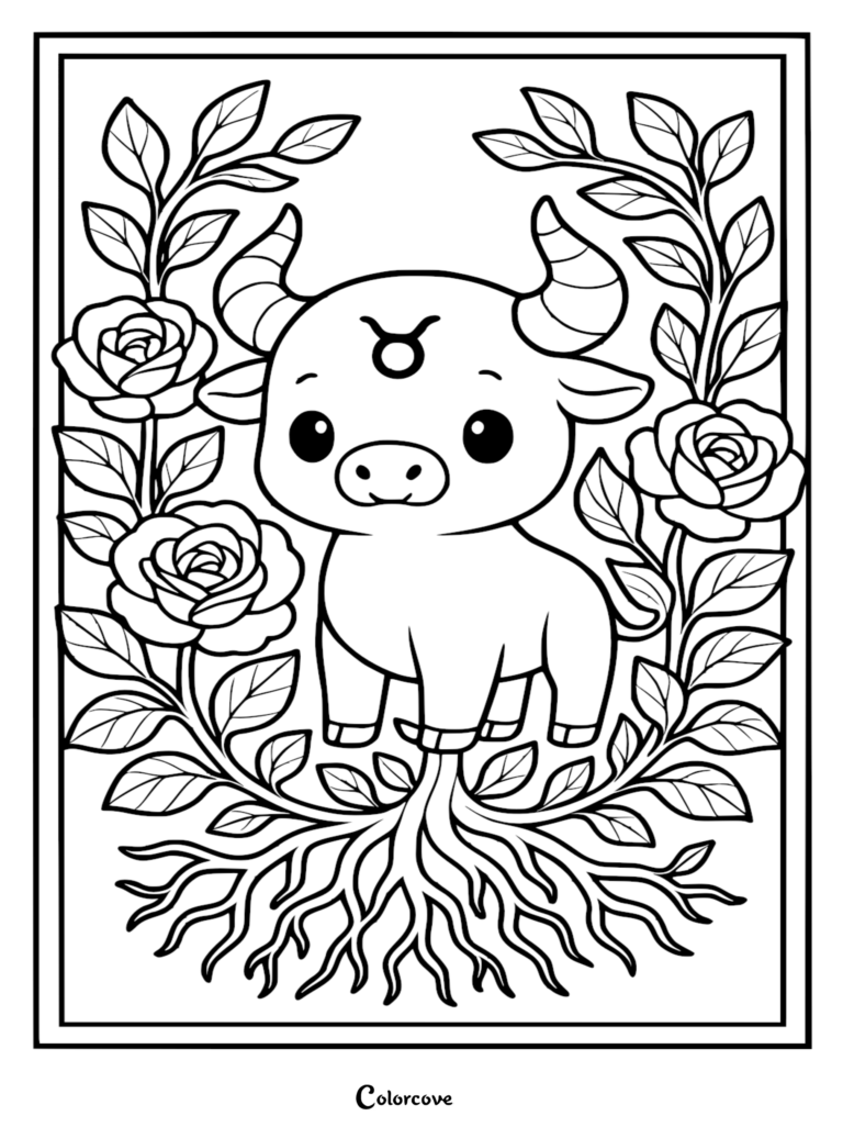 A cute cartoon Taurus zodiac bull with the Taurus symbol on its forehead, standing amongst intricate rose vines with roots, in a black and white coloring page.