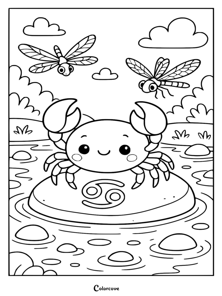 A cute Cancer zodiac crab sitting on a rock with the Cancer symbol, accompanied by two dragonflies in a pond, in this fun coloring page.