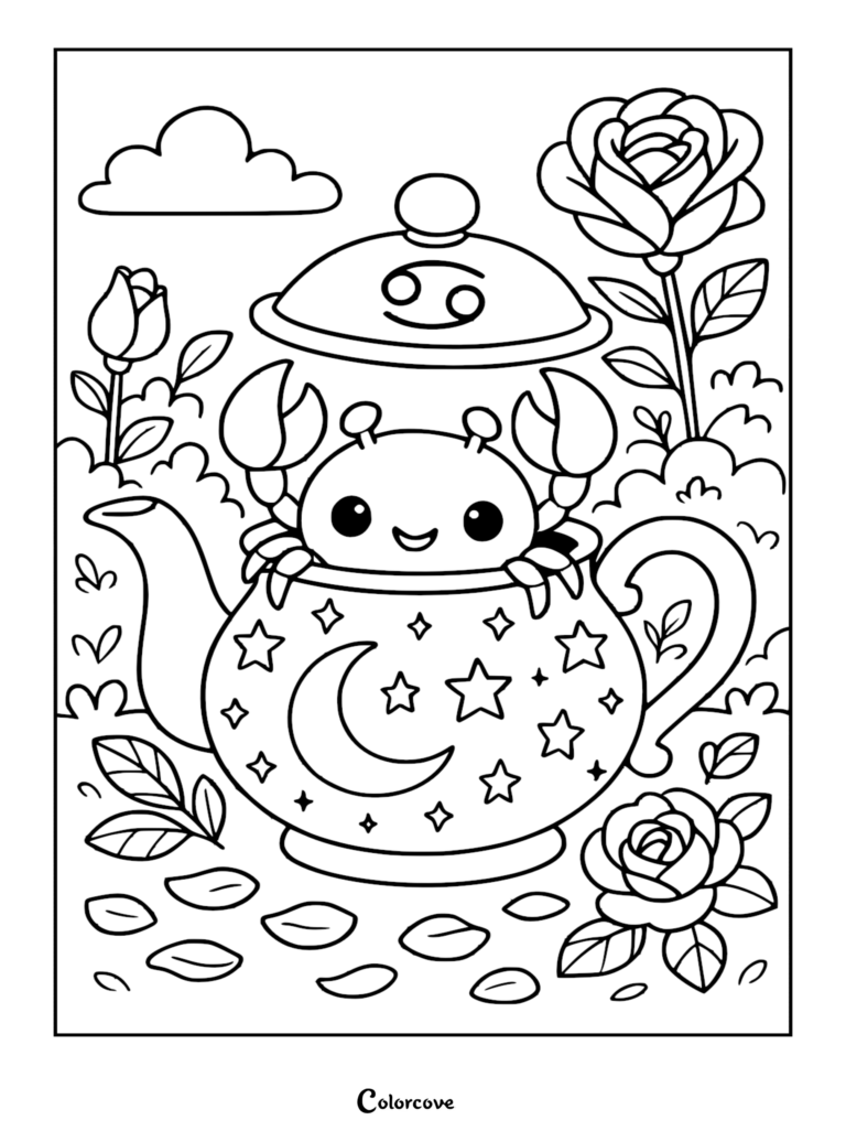 A cute Cancer crab character peeking out of a teapot decorated with moons and stars in a garden, ideal as a zodiac coloring page.