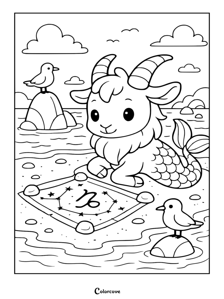 A cute cartoon Capricorn sea-goat with a fish tail, looking at a framed Capricorn constellation star map on a sandy beach with two seagulls on rocks in the background of this coloring page.