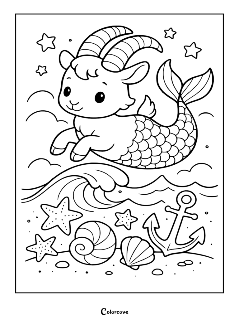 A whimsical Capricorn sea-goat with a fish tail swimming above a sandy ocean floor with starfish, seashells, and an anchor on this coloring page.