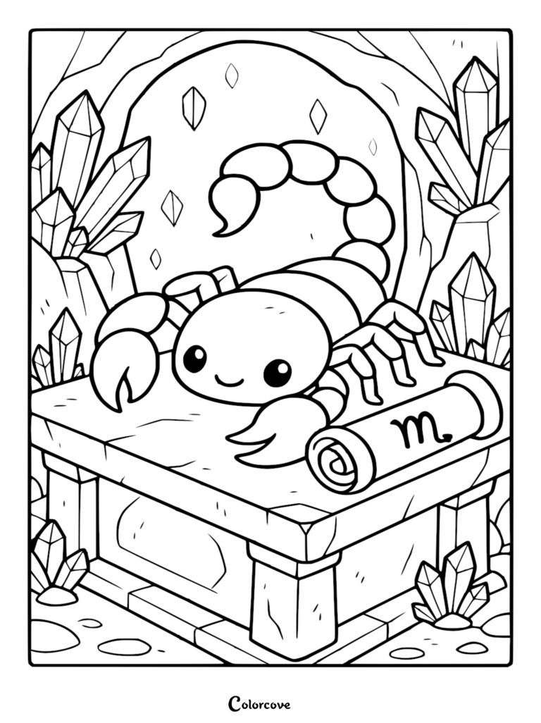 A cute cartoon Scorpio zodiac scorpion resting on a stone pedestal with a scroll marked with the Scorpio symbol, surrounded by glowing crystals in a cave setting, printable coloring page.