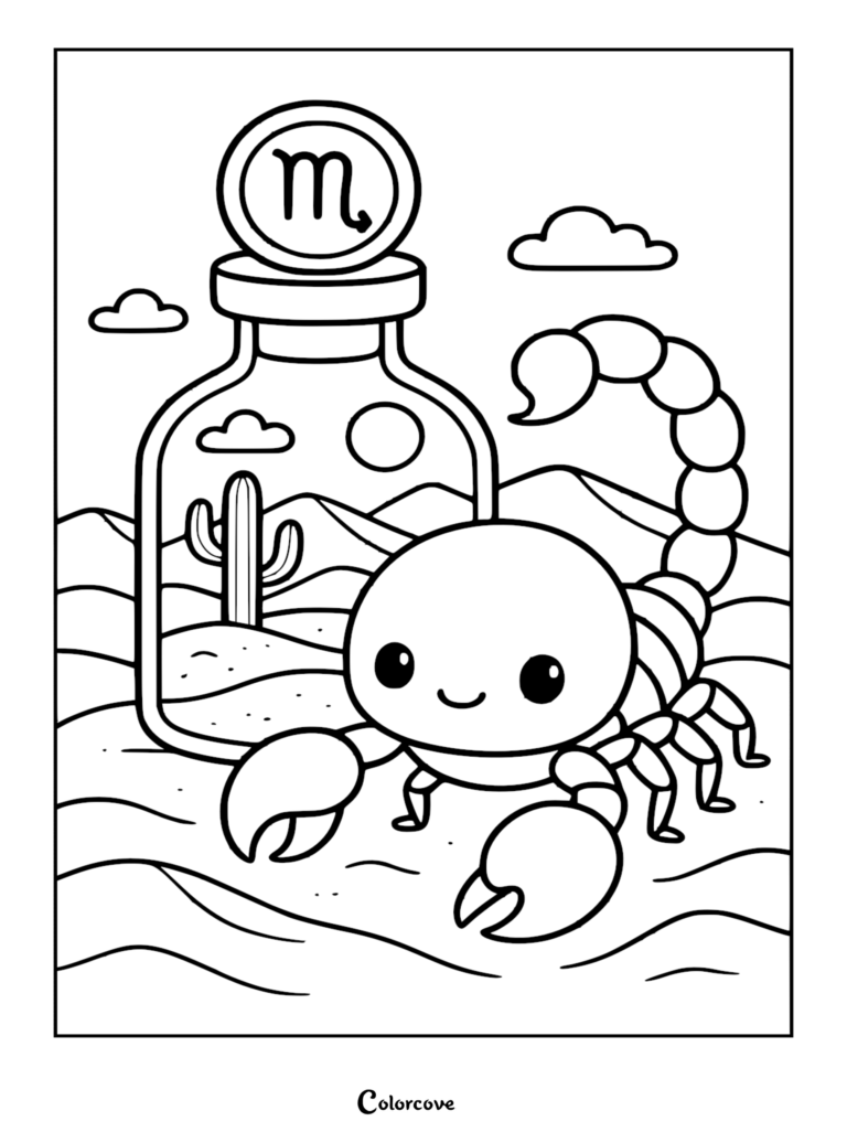 A cute cartoon Scorpio scorpion standing in a sandy desert next to a glass bottle containing a tiny desert landscape with a cactus and the Scorpio symbol on the lid, coloring page.