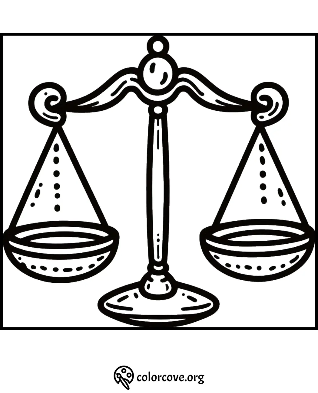 Scales of justice coloring page for kids available at colorcove.org. Educational activity for learning about law and fairness.