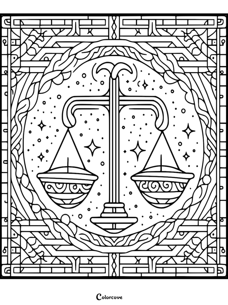 Intricate Art Deco style Libra zodiac symbol coloring page featuring balanced scales framed by geometric patterns and starry night background.