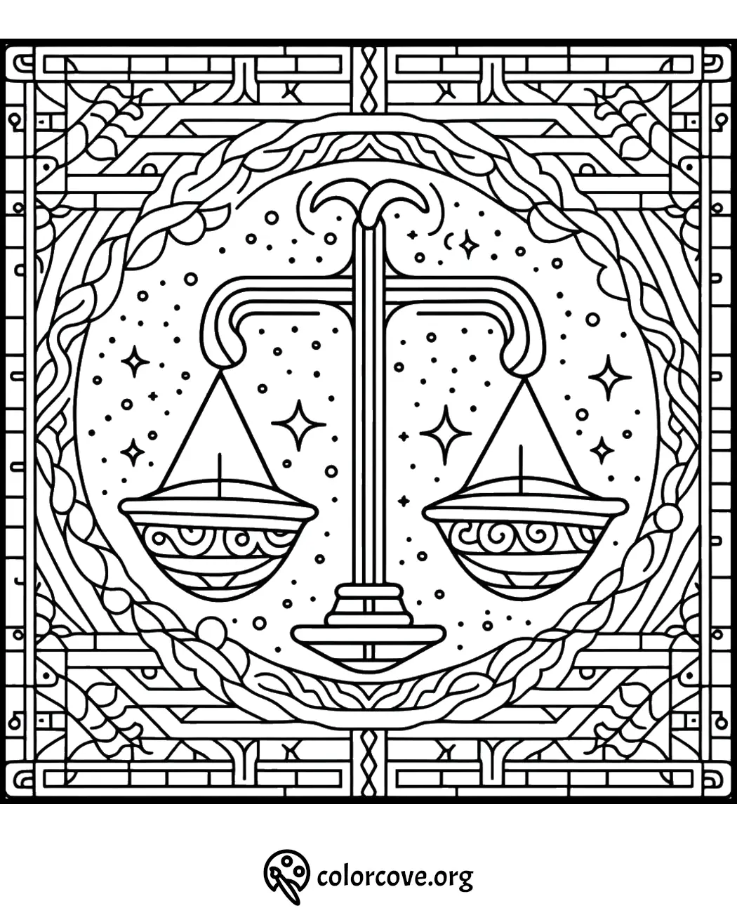 Scales of Justice coloring page with intricate patterns and detailed design for relaxation and mindfulness at colorcove.org.