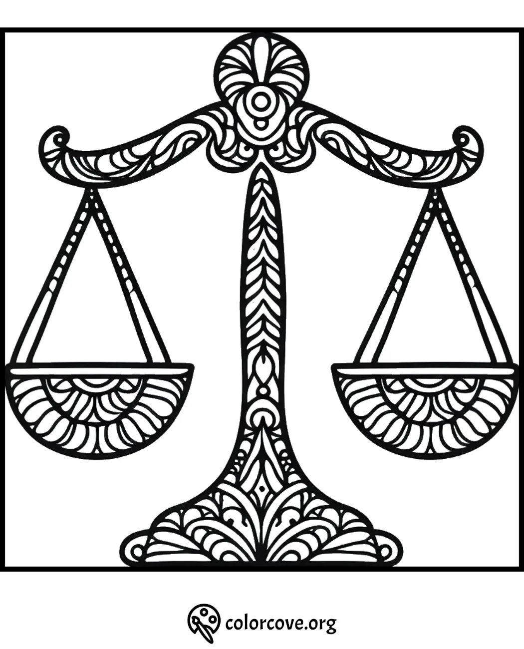 Intricate Scales of Justice coloring page with detailed patterns for coloring therapy and relaxation.