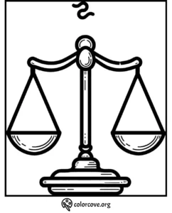 Scales of Justice coloring page by ColorCove.org, featuring a detailed balance scale design for kids and adults to color.