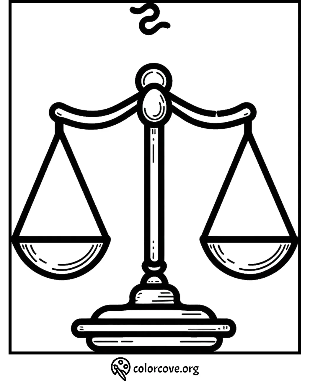 Scales of Justice coloring page by ColorCove.org, featuring a detailed balance scale design for kids and adults to color.