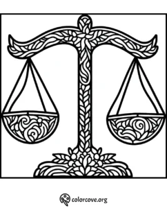 Intricate scales of justice coloring page with detailed patterns. Printable for coloring enthusiasts.For more information, check out colorcove.org.