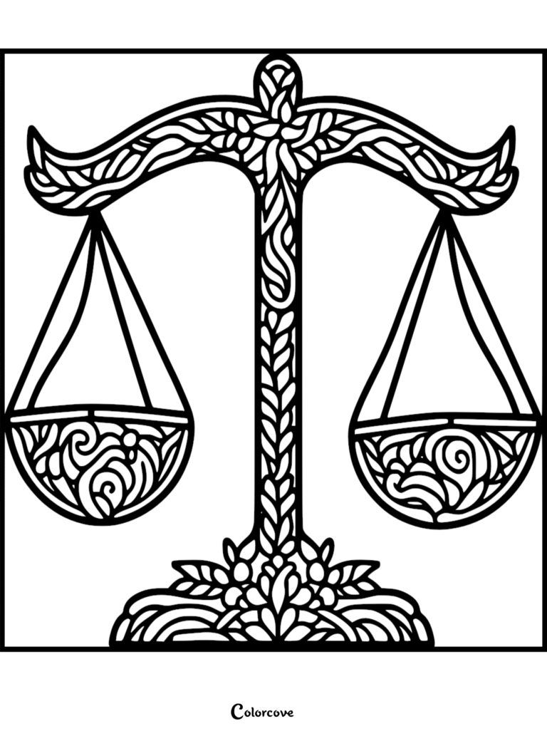 Intricate black and white Libra zodiac scales coloring page featuring ornate leaf patterns and swirling wave designs in the balance pans.