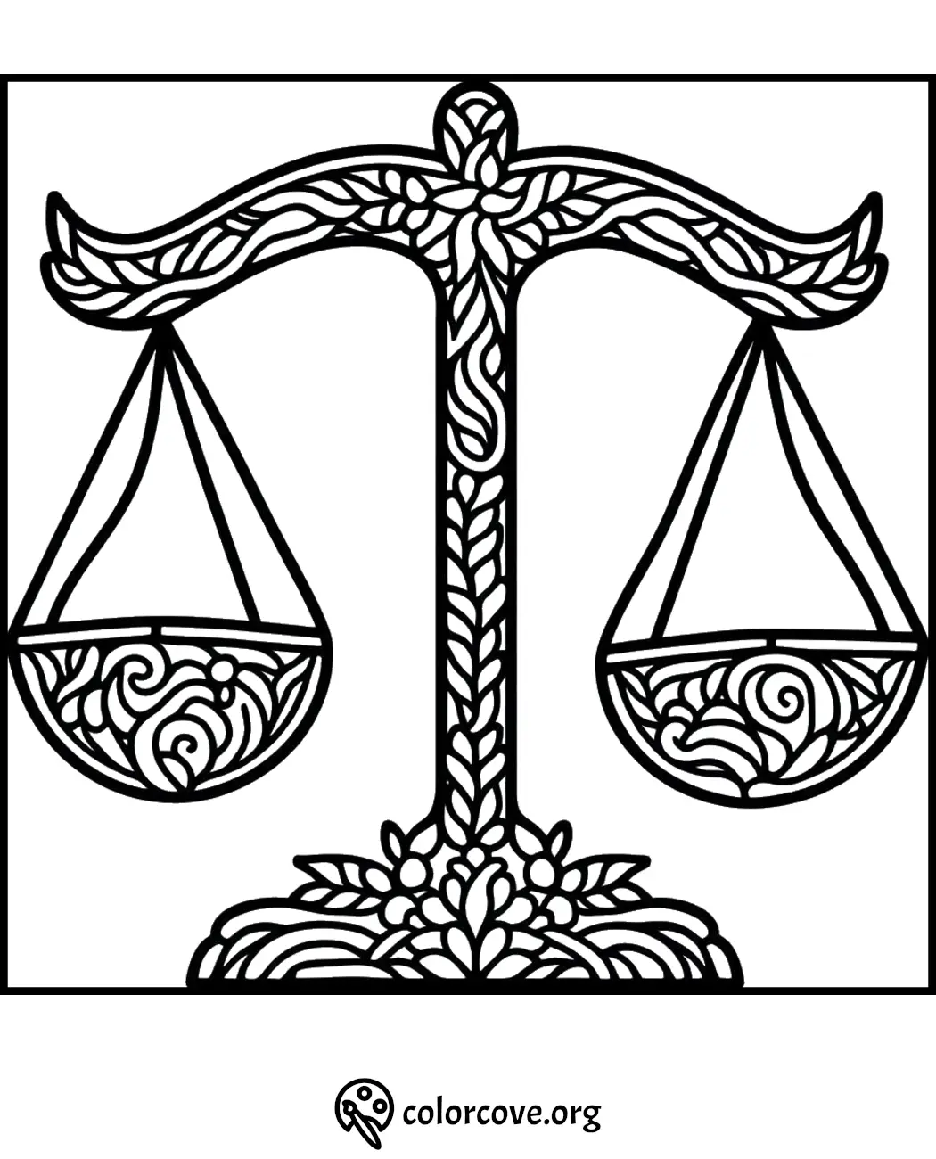 Intricate scales of justice coloring page with detailed patterns. Printable for coloring enthusiasts.For more information, check out colorcove.org.