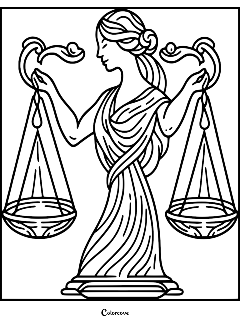 A printable coloring page featuring the Libra zodiac sign represented by a graceful woman in a draped gown holding balanced scales.
