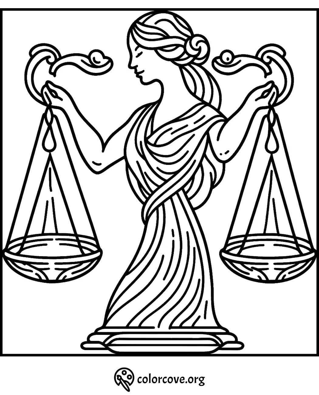 Lady Justice coloring page showcasing a robed figure holding balanced scales. Ideal for kids and legal symbolism activities.