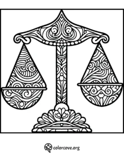 Intricate scales of justice coloring page with decorative patterns for stress relief and mindfulness.
