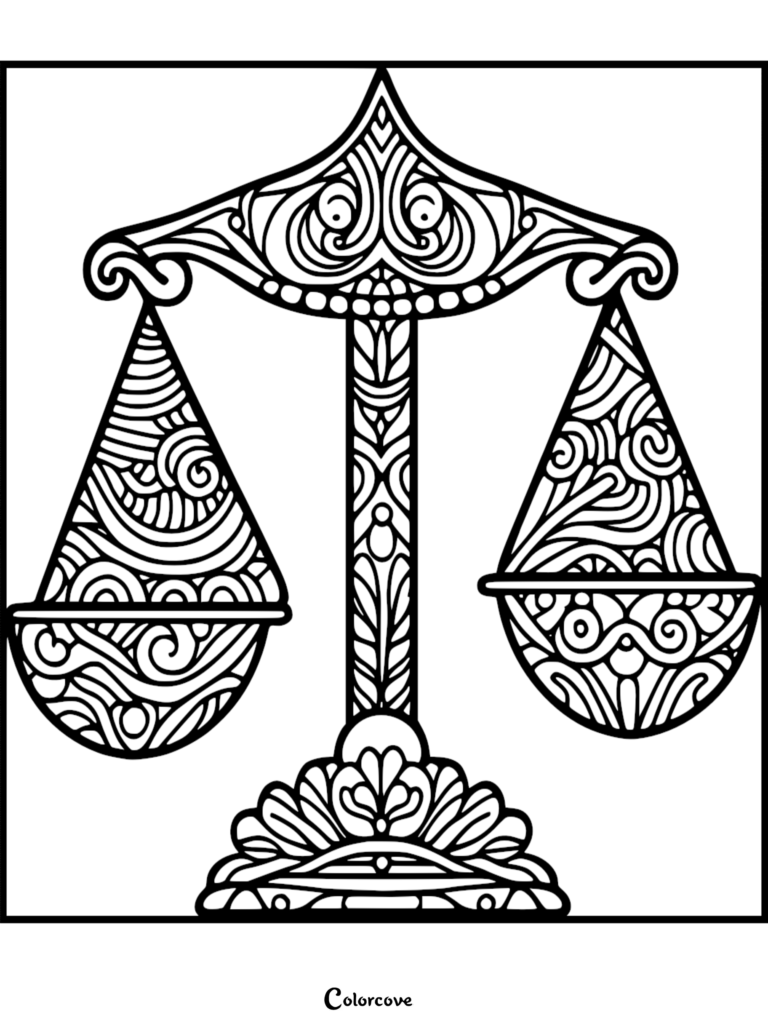 Intricate black and white Libra zodiac scale coloring page featuring swirl patterns, organic shapes, and ornate filigree detailing.