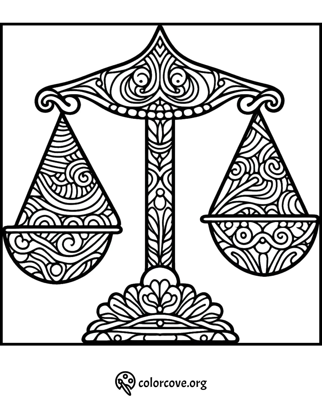 Intricate scales of justice coloring page with decorative patterns for stress relief and mindfulness.