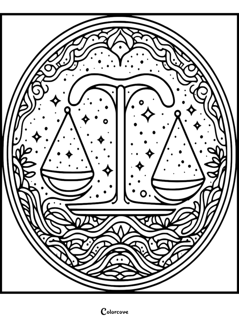 A decorative Libra zodiac coloring page featuring scales of justice centered within an ornate circle with celestial stars and intricate botanical line art patterns.