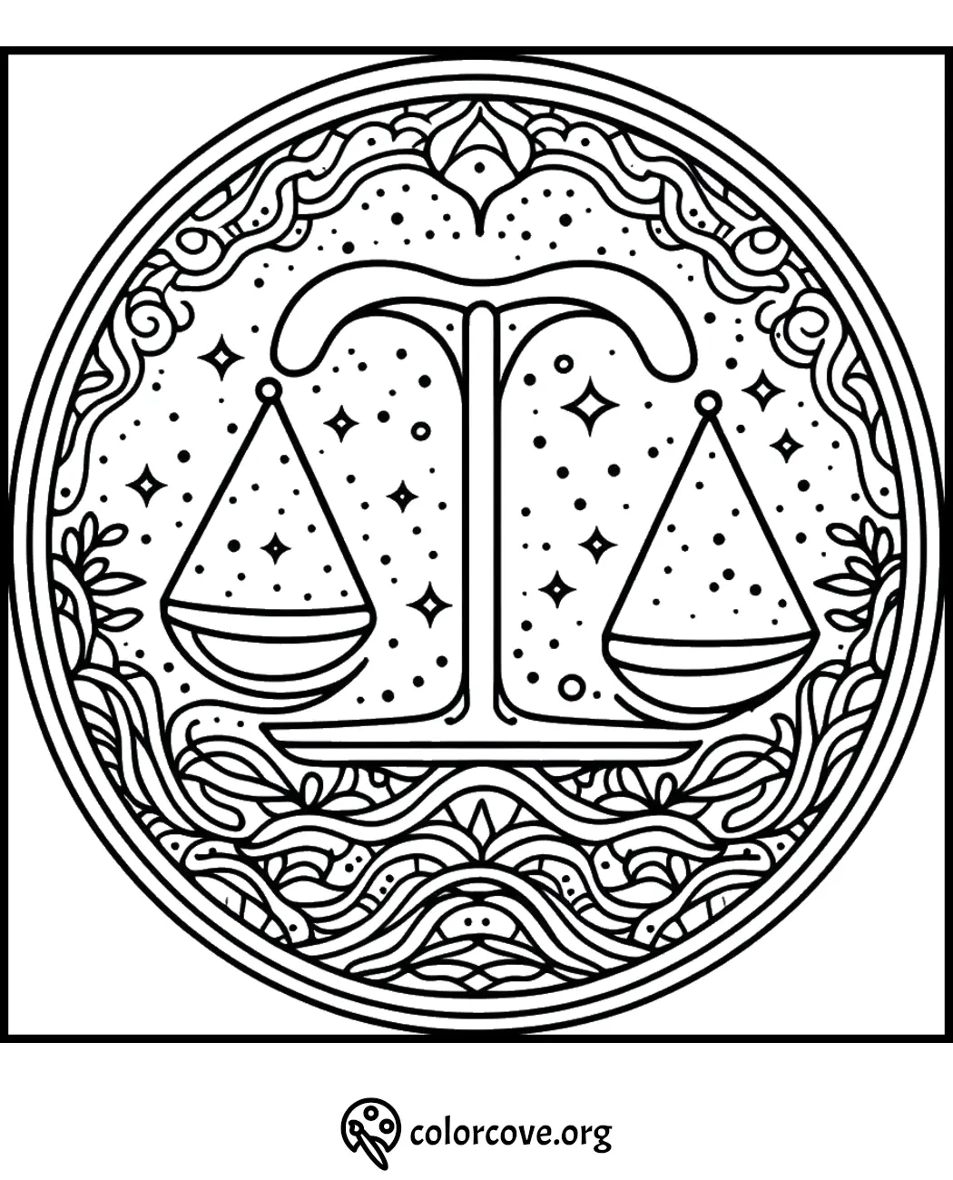 Intricate Libra zodiac coloring page with a detailed balance scale design surrounded by decorative patterns and stars.