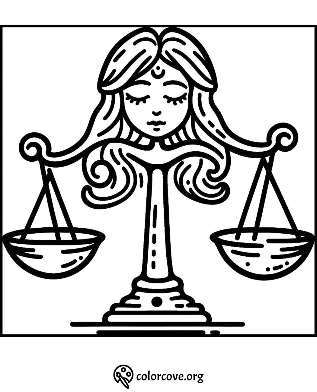 Libra zodiac sign coloring page featuring a balanced scale and a female face with long hair. Ideal for relaxation.