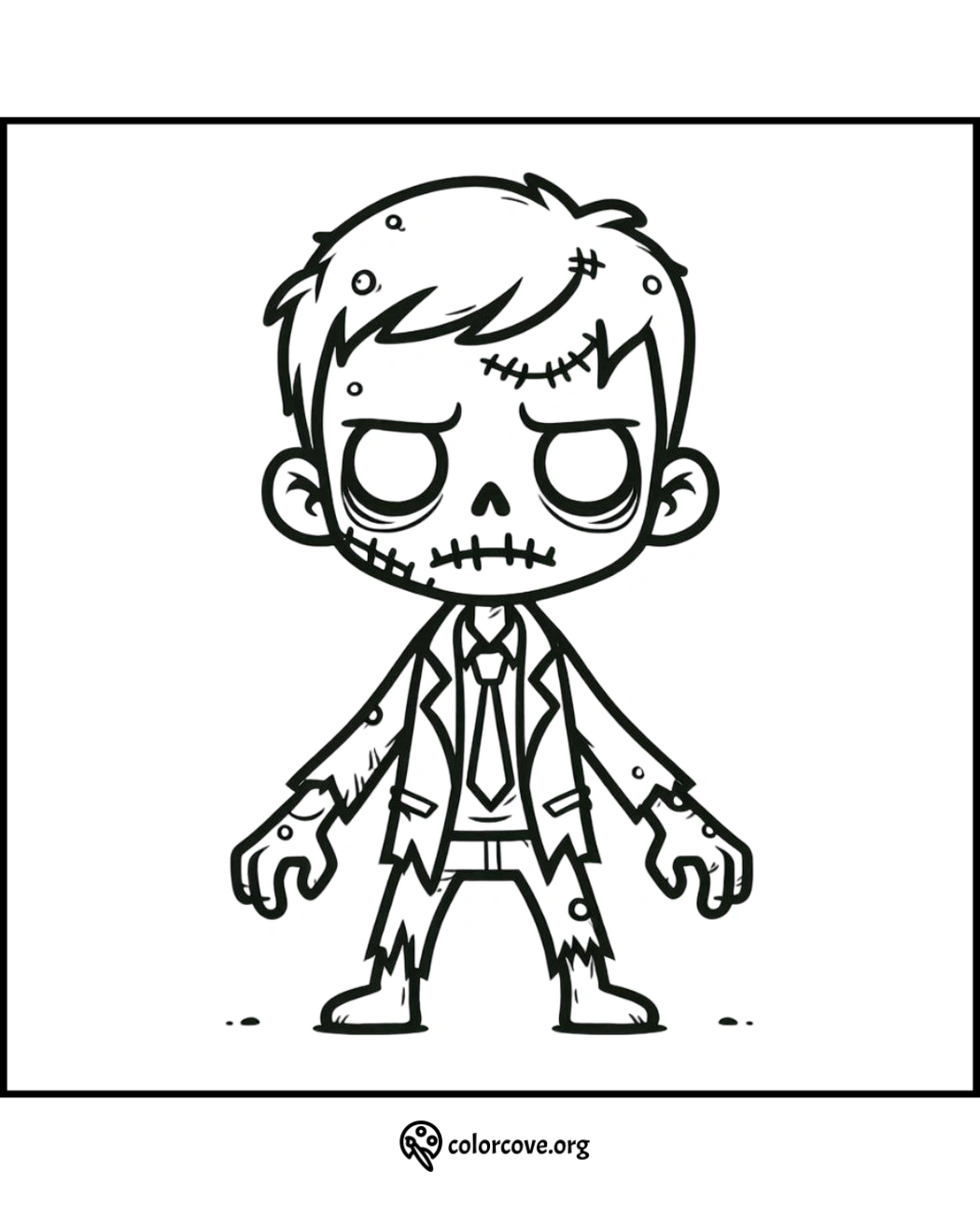 Zombie Coloring Page for Kids, Cute and Scary Halloween Activity, Printable Illustration, colorcove.org.