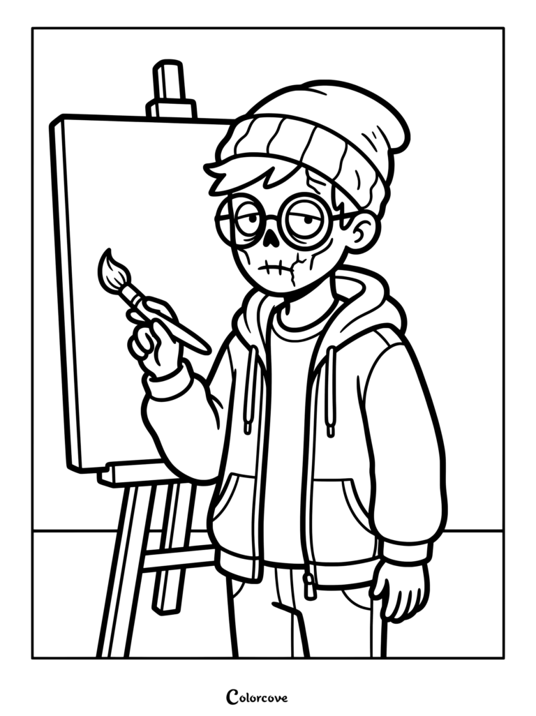 A young zombie artist in a beanie and round glasses holds a paintbrush in front of an easel in this detailed coloring page.
