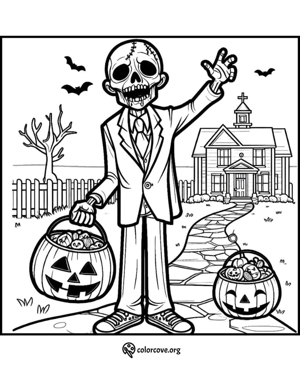 Halloween zombie with pumpkin candy buckets, spooky house, bats, and trees. Coloring page for kids and adults.