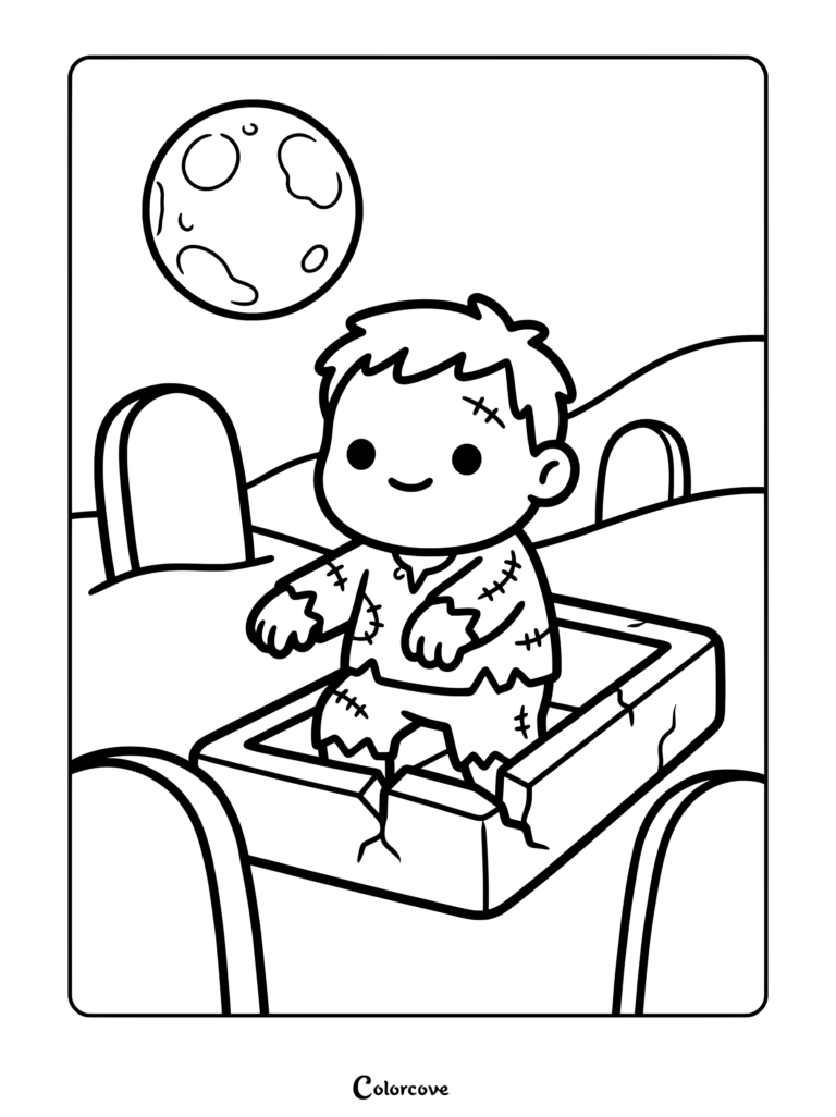 Cute little monster rising from a cracked grave coloring page with a full moon backdrop