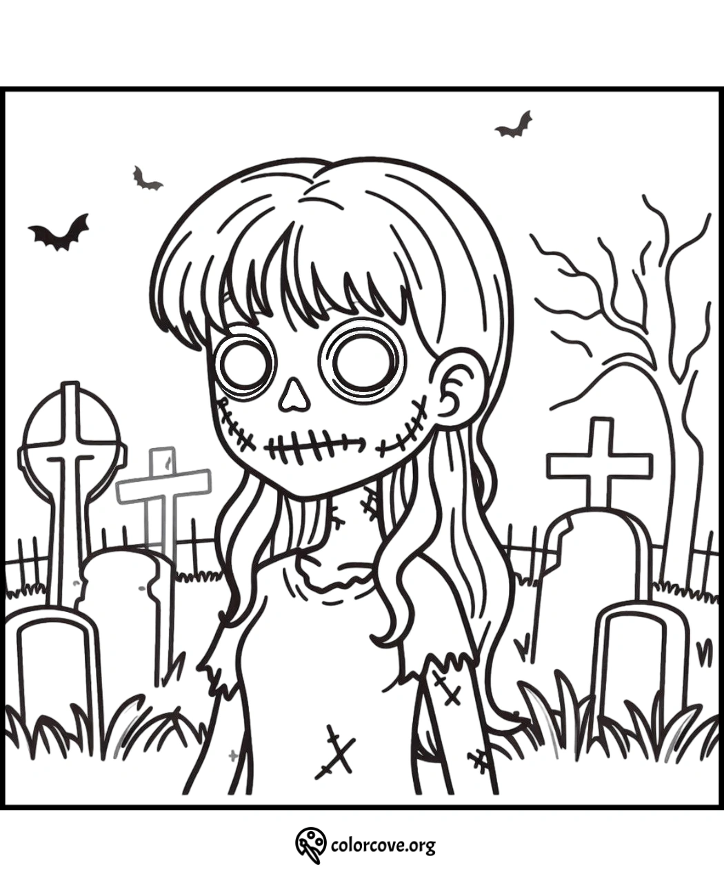 Halloween zombie girl coloring page with graveyard, tombstones, and bats. Perfect for kids' spooky fun coloring activity.