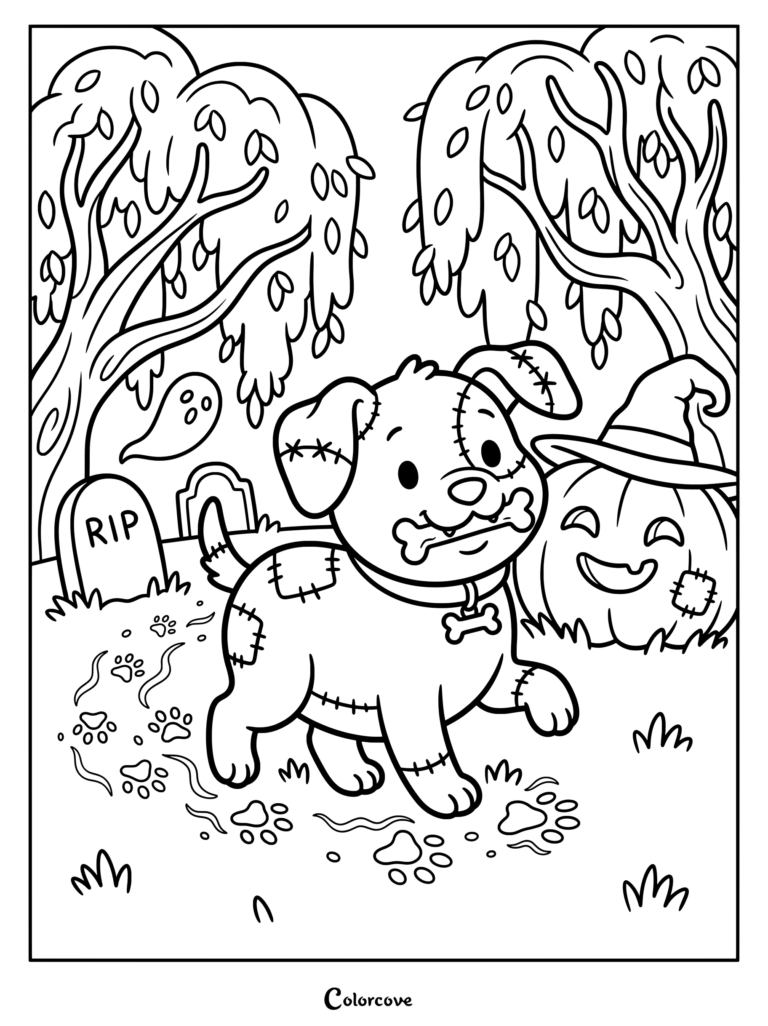 A zombie puppy carrying a bone in a spooky graveyard coloring page with a carved pumpkin and a tombstone.