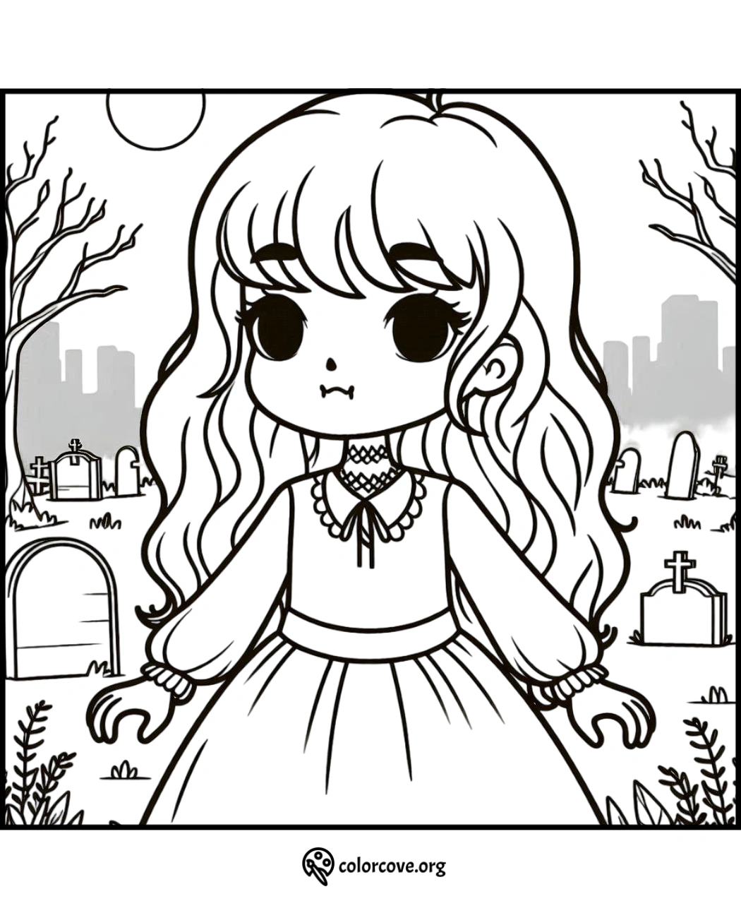 Cute vampire girl in a cemetery coloring page with spooky tombstones and a full moon backdrop from colorcove.org.